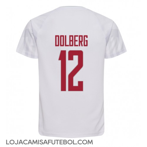 Camisa de Futebol Dinamarca Kasper Dolberg #12 Equipamento Secundário Mundo 2022 Manga Curta